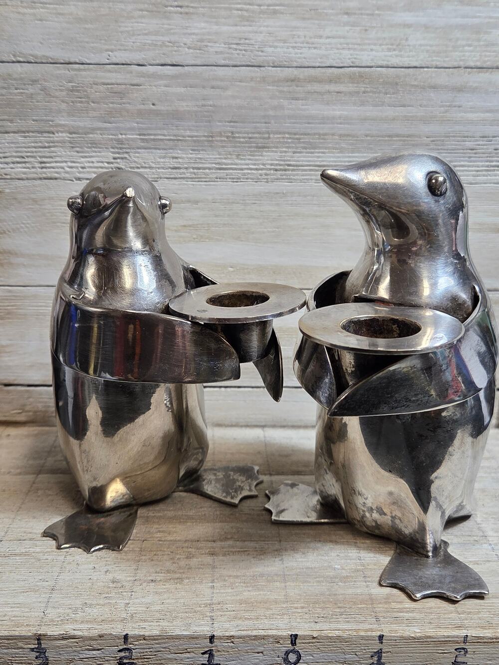 Vintage Restoration Hardware Penguin Candle Bearers Silver Plate Set India 1990s